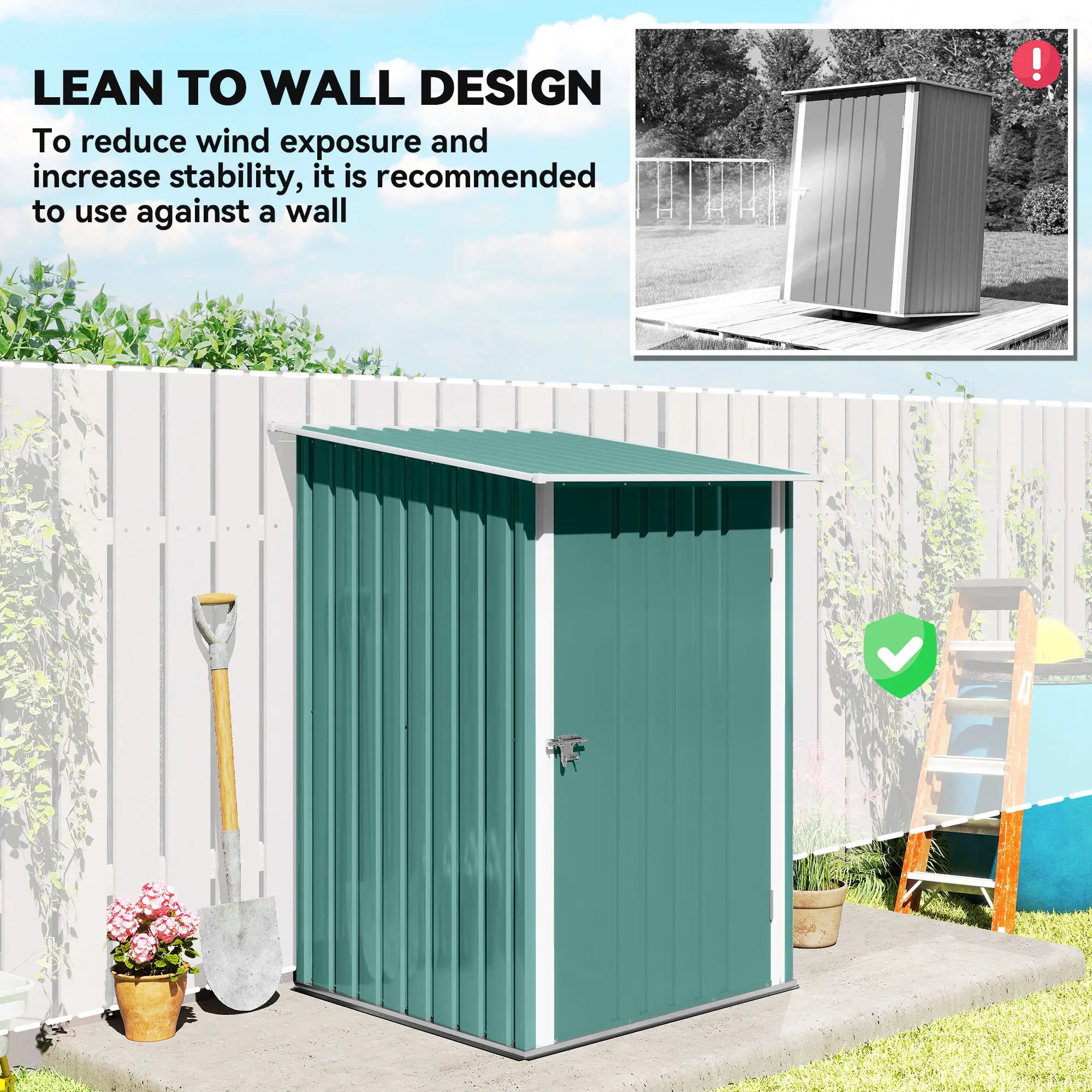 3.3' x 3.4' Lean-To Garden Shed, Galvanized Steel, Lockable Door, Green Sheds at Gallery Canada