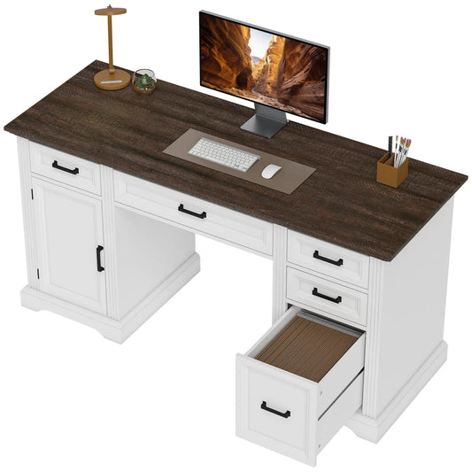 58 Inch Home Office Desk, Farmhouse Executive Desk with Drawers, White Computer Desks White, Dark Brown at Gallery Canada