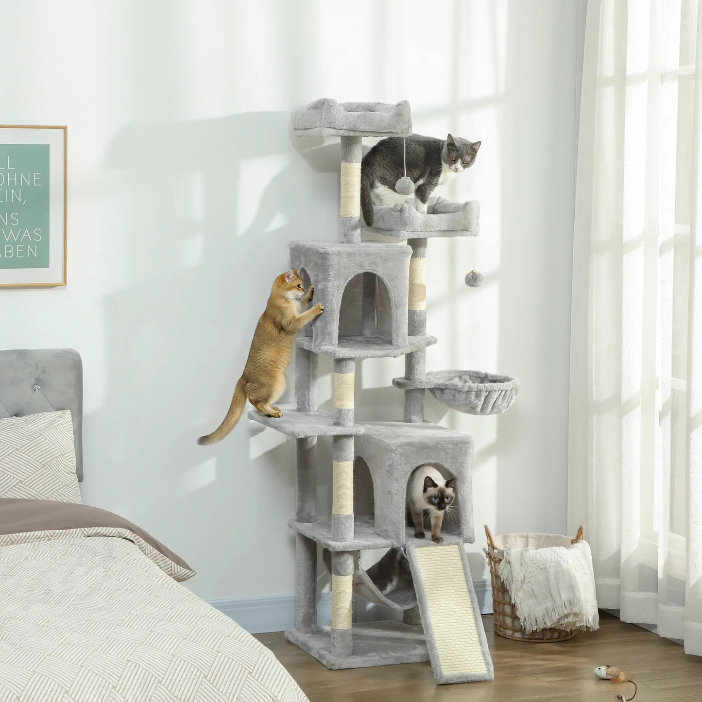 Cat Tree, 70 Inch Multi-Level Tower with Condos, Beds, Hammock, Light Grey Cat Towers at Gallery Canada