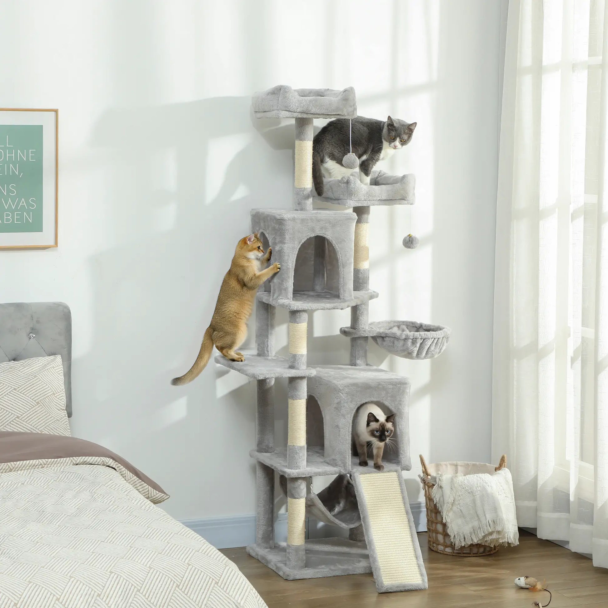 Cat Tree, 70 Inch Multi-Level Tower with Condos, Beds, Hammock, Light Grey Cat Towers at Gallery Canada
