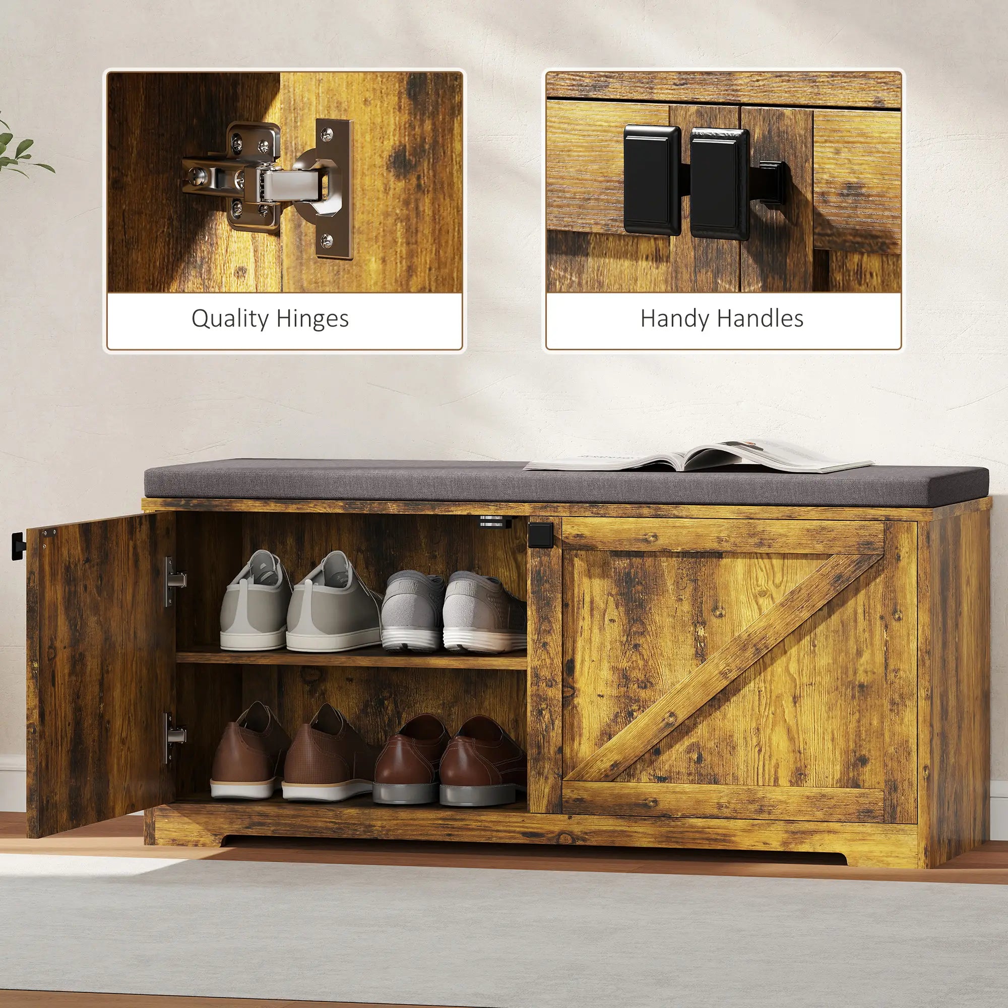 Shoe Storage Bench with Padded Seat, 8 Pairs, Rustic Brown, Brown Shoe Storage Cabinets & Racks at Gallery Canada