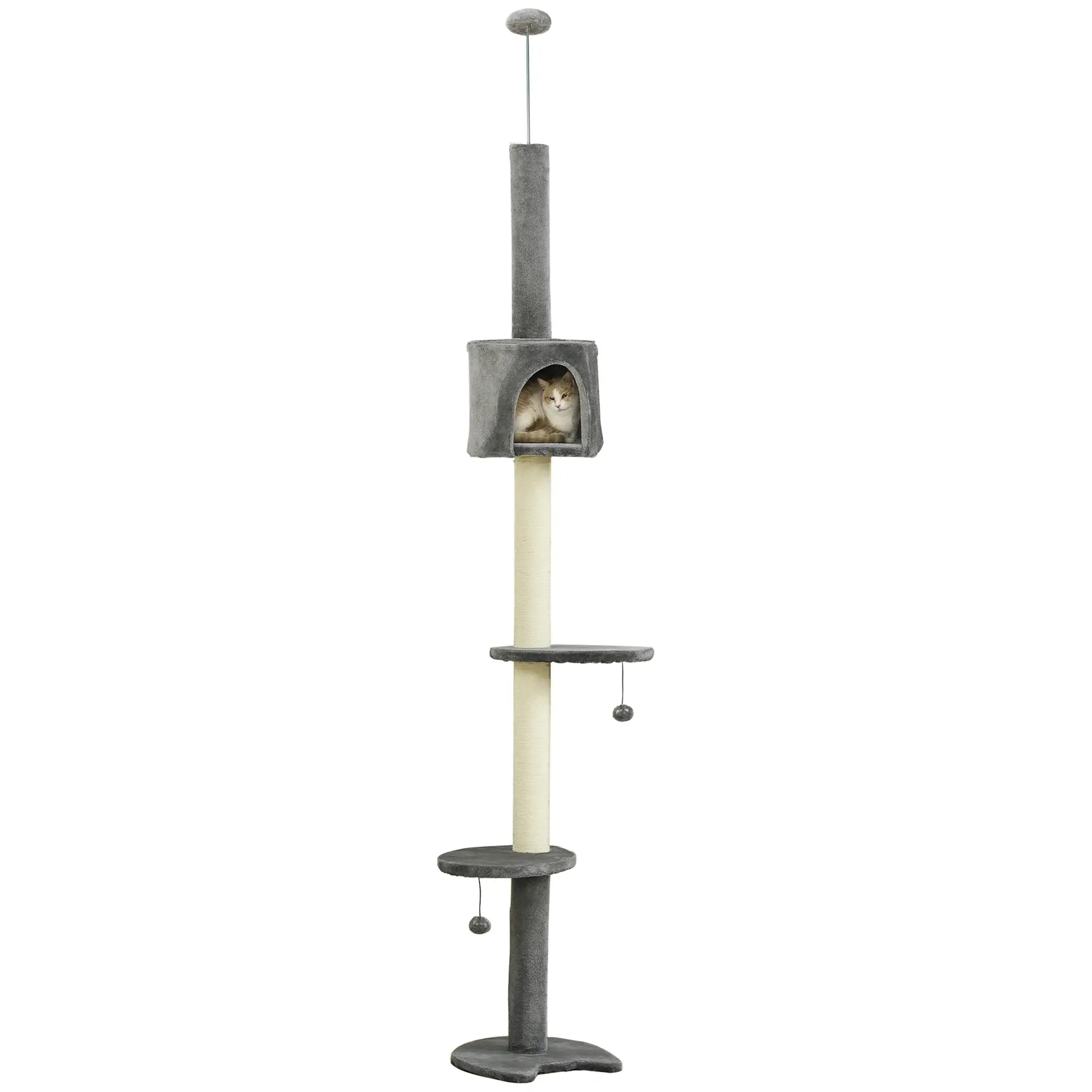 4-Tier Floor to Ceiling Cat Tree, Scratching Post, Plush, Toy Ball, Light Grey Floor to Ceiling Cat Trees Light Grey, Beige at Gallery Canada