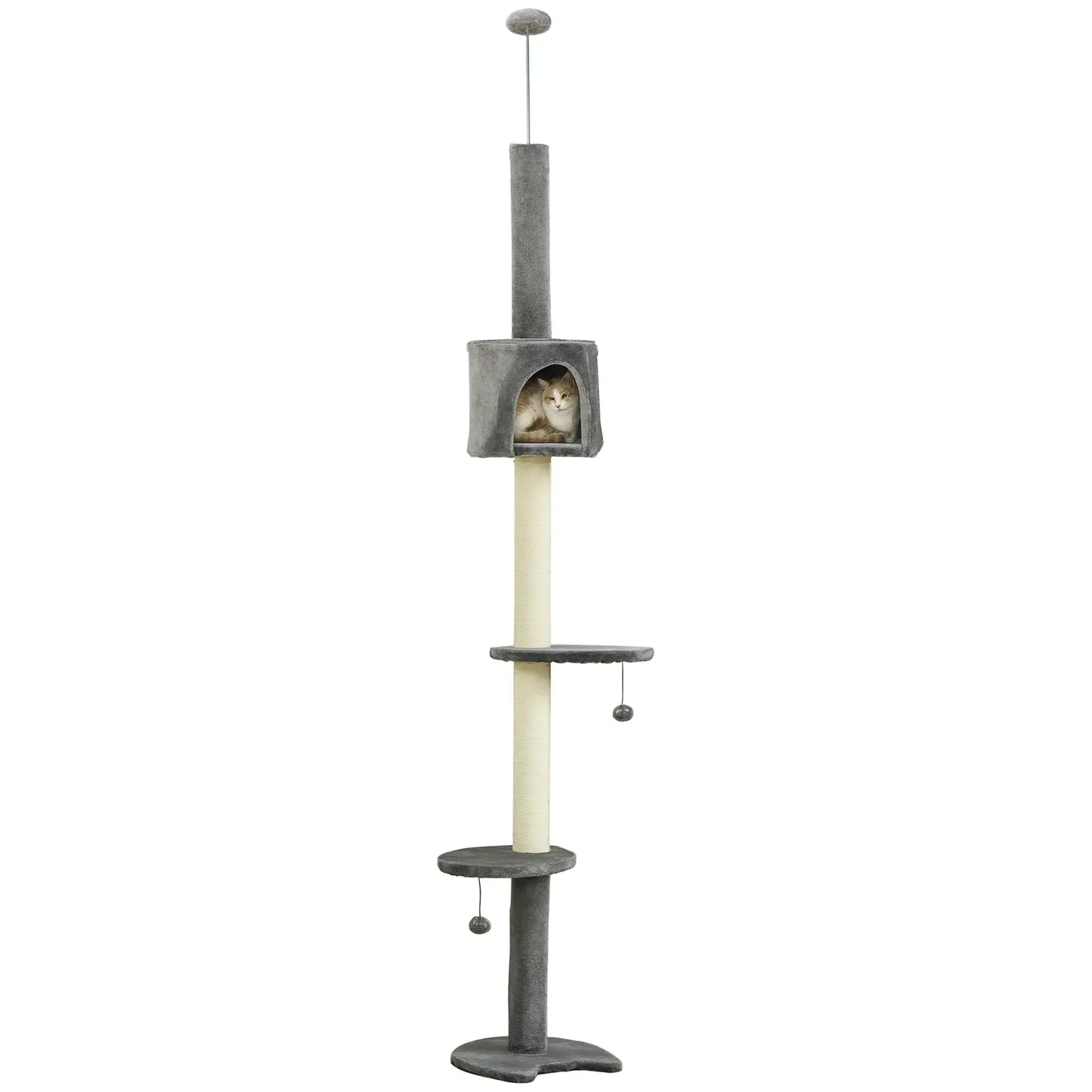 4-Tier Floor to Ceiling Cat Tree, Scratching Post, Plush, Toy Ball, Light Grey Floor to Ceiling Cat Trees Light Grey, Beige at Gallery Canada