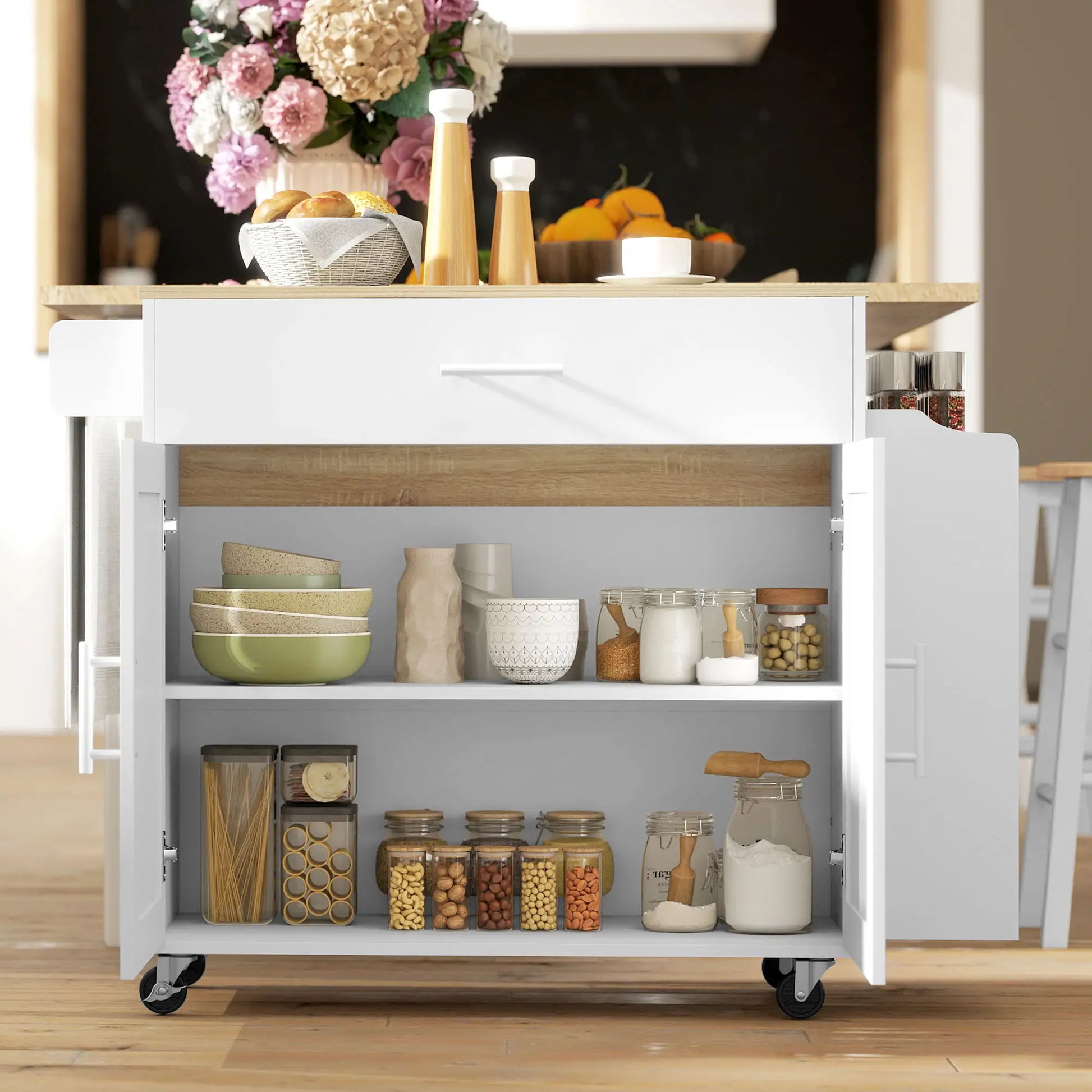 Kitchen Island with Storage, Rolling Cart, Foldable Drop Leaf, Power Outlet, USB Ports, White Kitchen Islands & Kitchen Carts at Gallery Canada