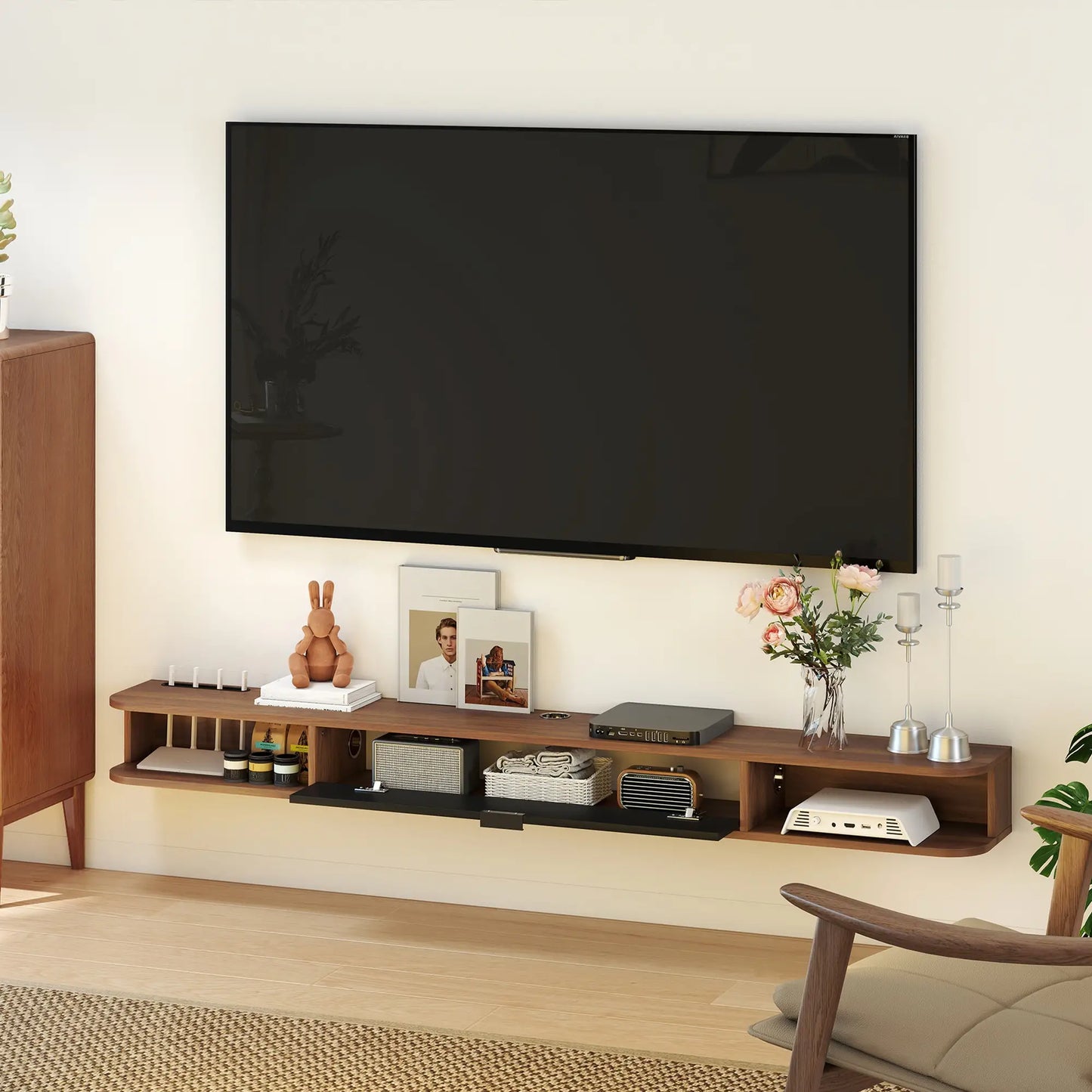 71" Floating TV Stand, Wall Mounted Media Console, Flip Drawer, 2 Open Shelves, Walnut TV Stands at Gallery Canada