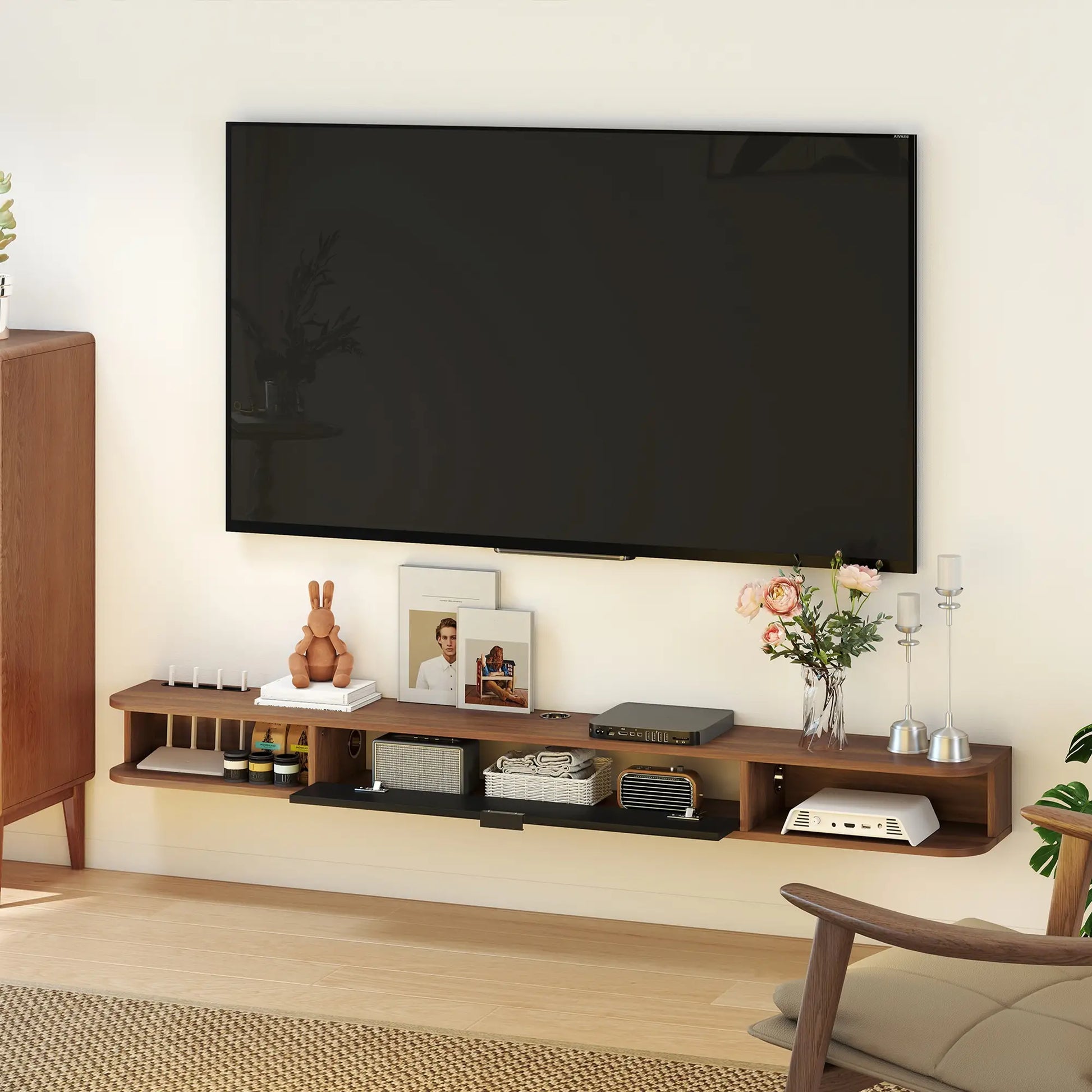71" Floating TV Stand, Wall Mounted Media Console, Flip Drawer, 2 Open Shelves, Walnut TV Stands at Gallery Canada