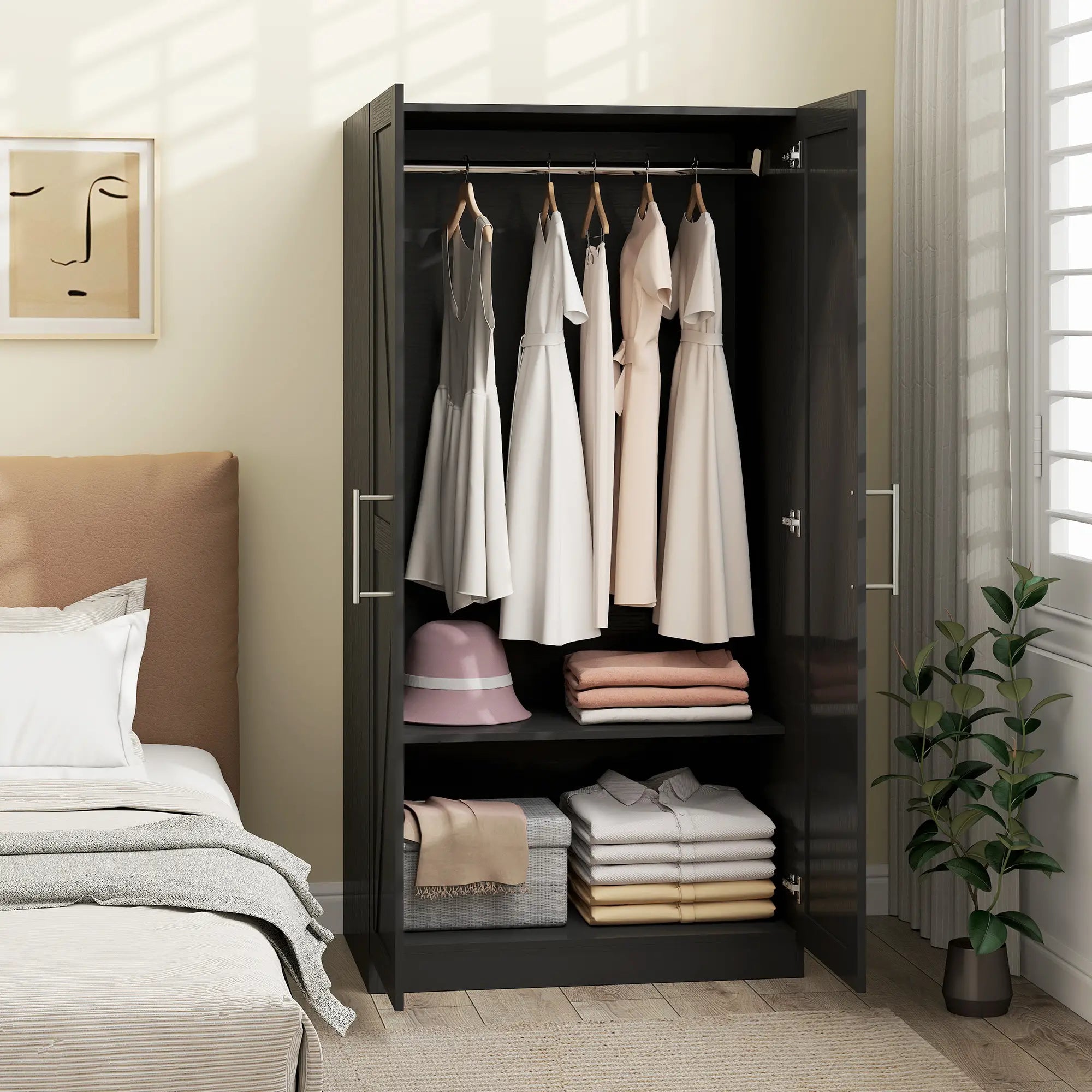 Barn Door Wardrobe Cabinet, 2 Doors With Hanging Rod, Wood Effect, Black Clothing Storage at Gallery Canada