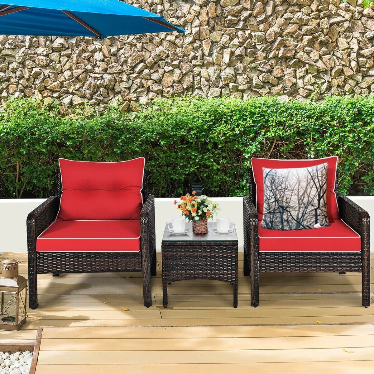 3 Pcs Outdoor Patio Rattan Conversation Set with Seat Cushions, Red Patio Conversation Sets at Gallery Canada
