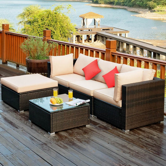 5 Piece Patio Rattan Furniture Set, Sectional Conversation With Cushions, Beige Outdoor Sectionals Beige at Gallery Canada