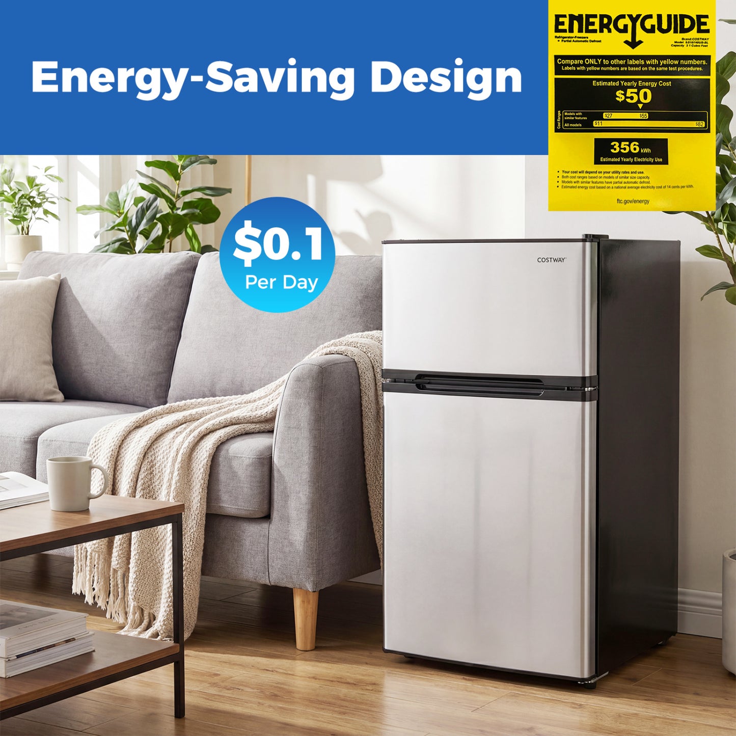 3.2 Cu.Ft Mini Fridge with Freezer, Double Door, Silver Refrigerators at Gallery Canada