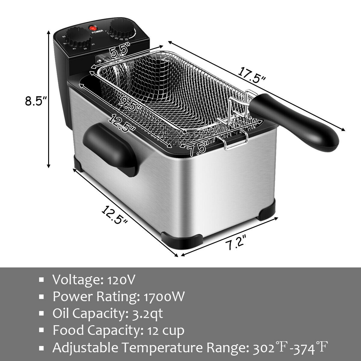 3.2 Quart Electric Stainless Steel Deep Fryer, Silver