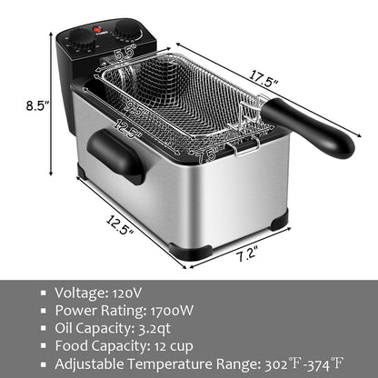 3.2 Quart Electric Stainless Steel Deep Fryer, Silver