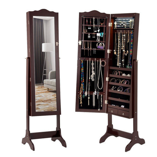 Mirrored Jewelry Cabinet Storage With Drawer And Led Lights , Coffee - Gallery Canada