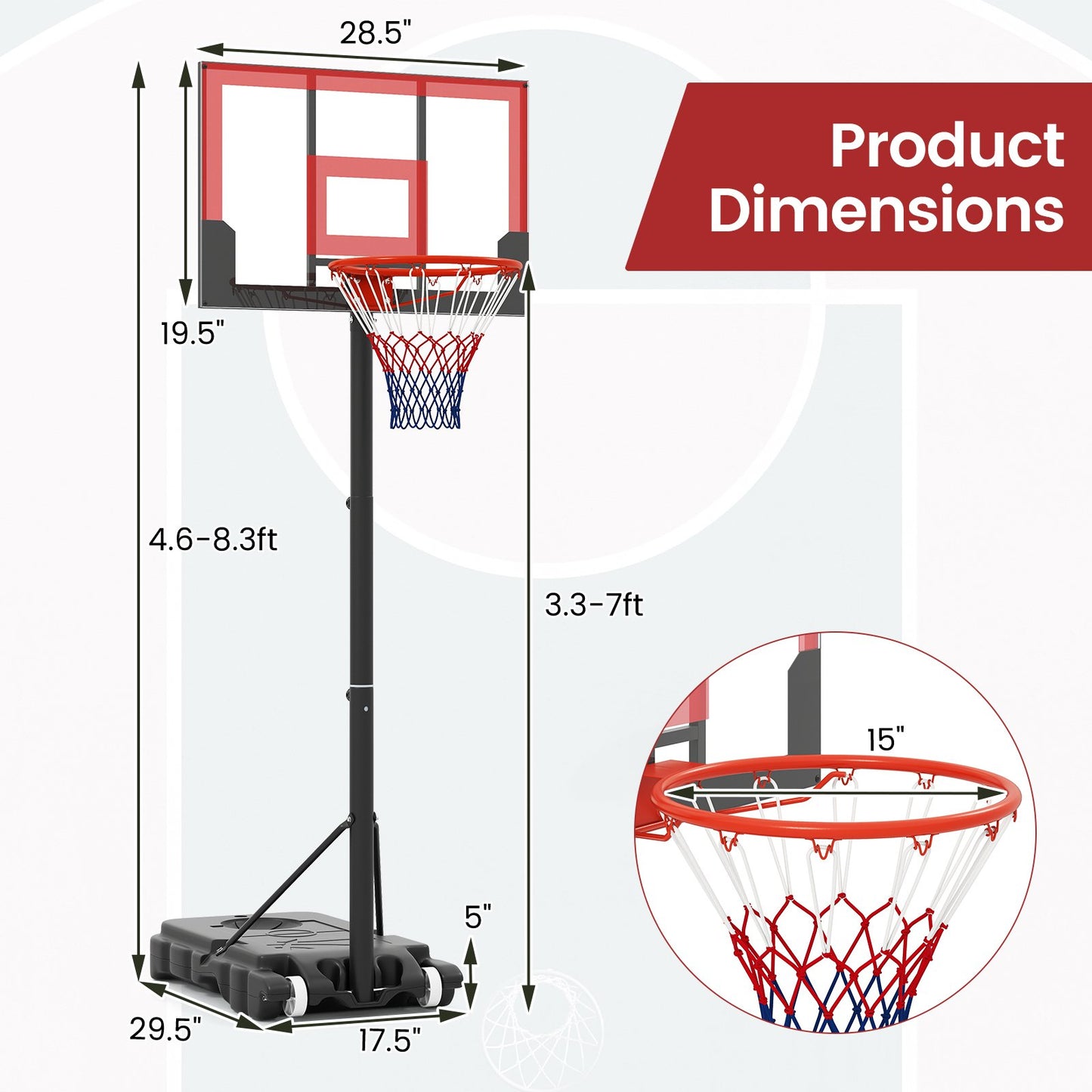 3.3-7 Feet Portable Adjustable Outdoor Kids Basketball Hoop Goal System, Red Sports at Gallery Canada