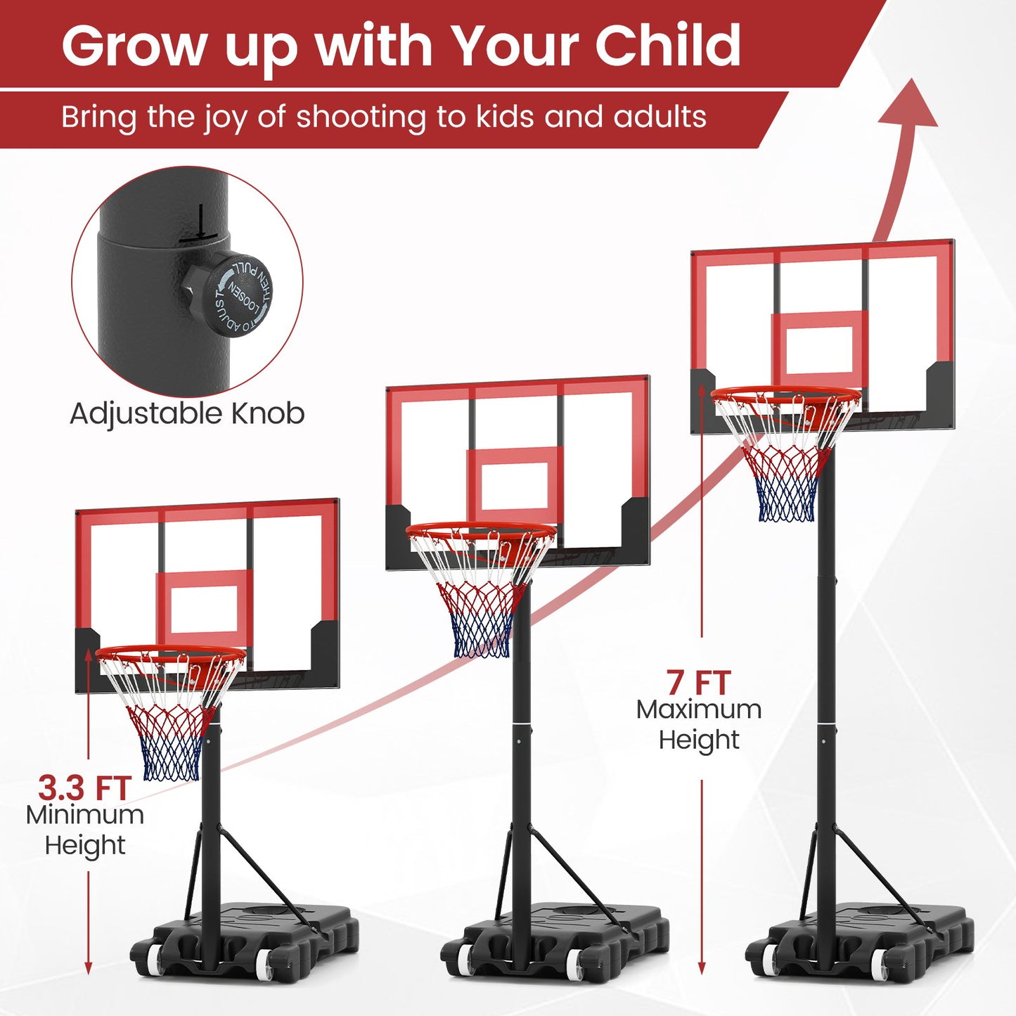 3.3-7 Feet Portable Adjustable Outdoor Kids Basketball Hoop Goal System, Red Sports at Gallery Canada
