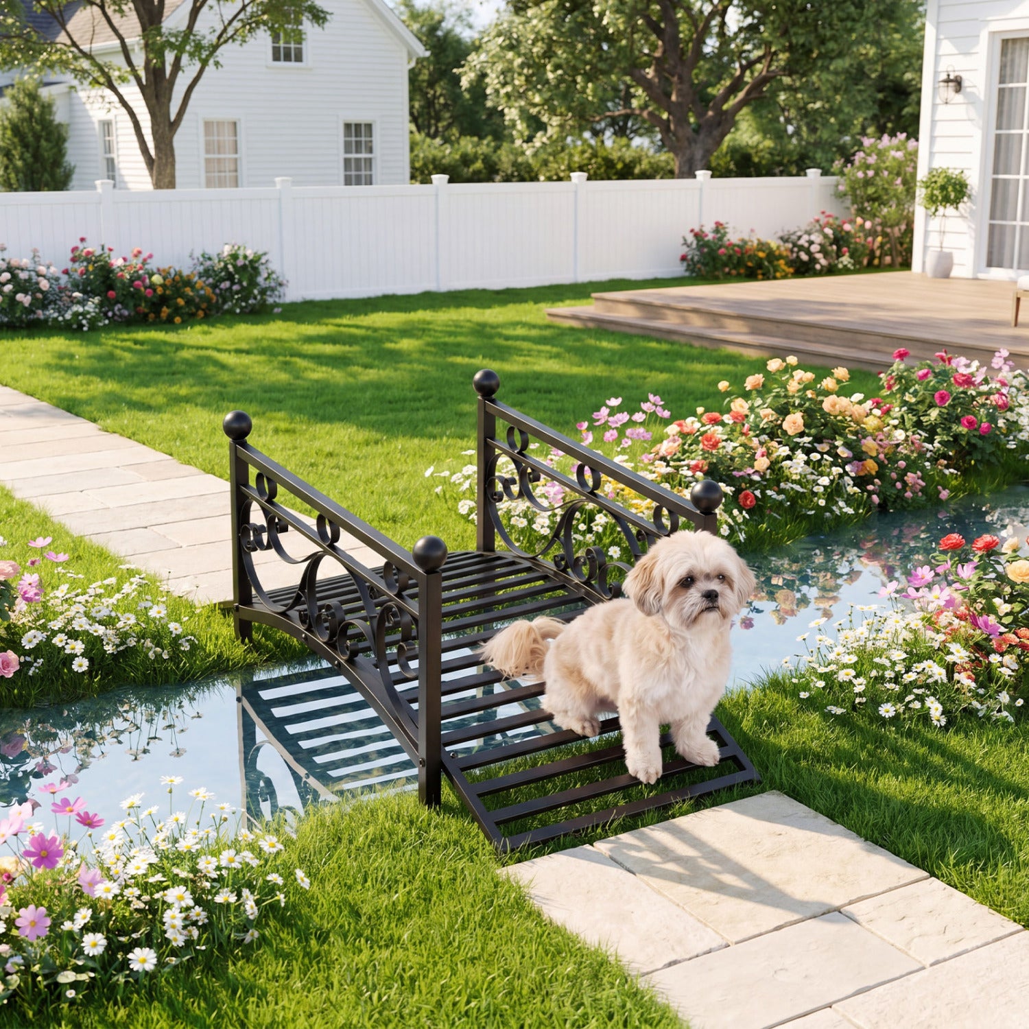 3.3 Ft Garden Metal Bridge, Dual Patterned Side Rails, Black Outdoor Decor at Gallery Canada