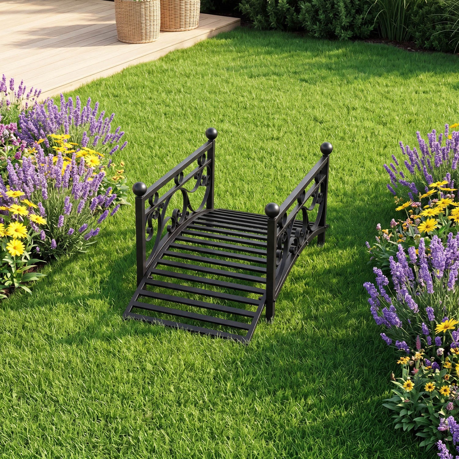 3.3 Ft Garden Metal Bridge, Dual Patterned Side Rails, Black Outdoor Decor at Gallery Canada