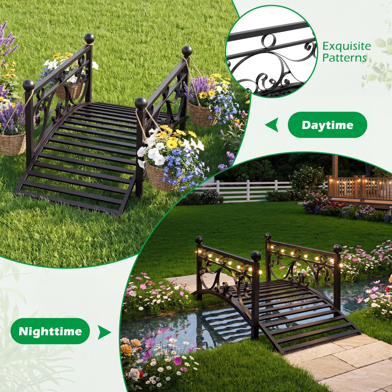 3.3 Ft Garden Metal Bridge, Dual Patterned Side Rails, Black Outdoor Decor at Gallery Canada