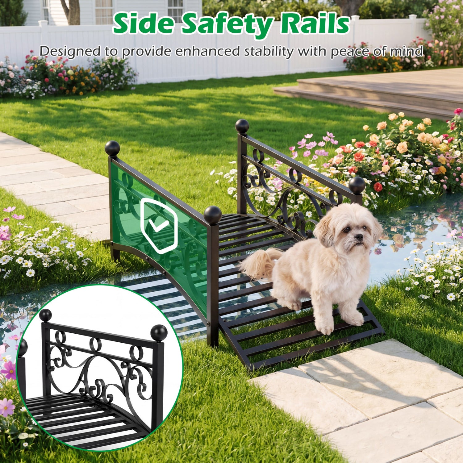 3.3 Ft Garden Metal Bridge, Dual Patterned Side Rails, Black Outdoor Decor at Gallery Canada