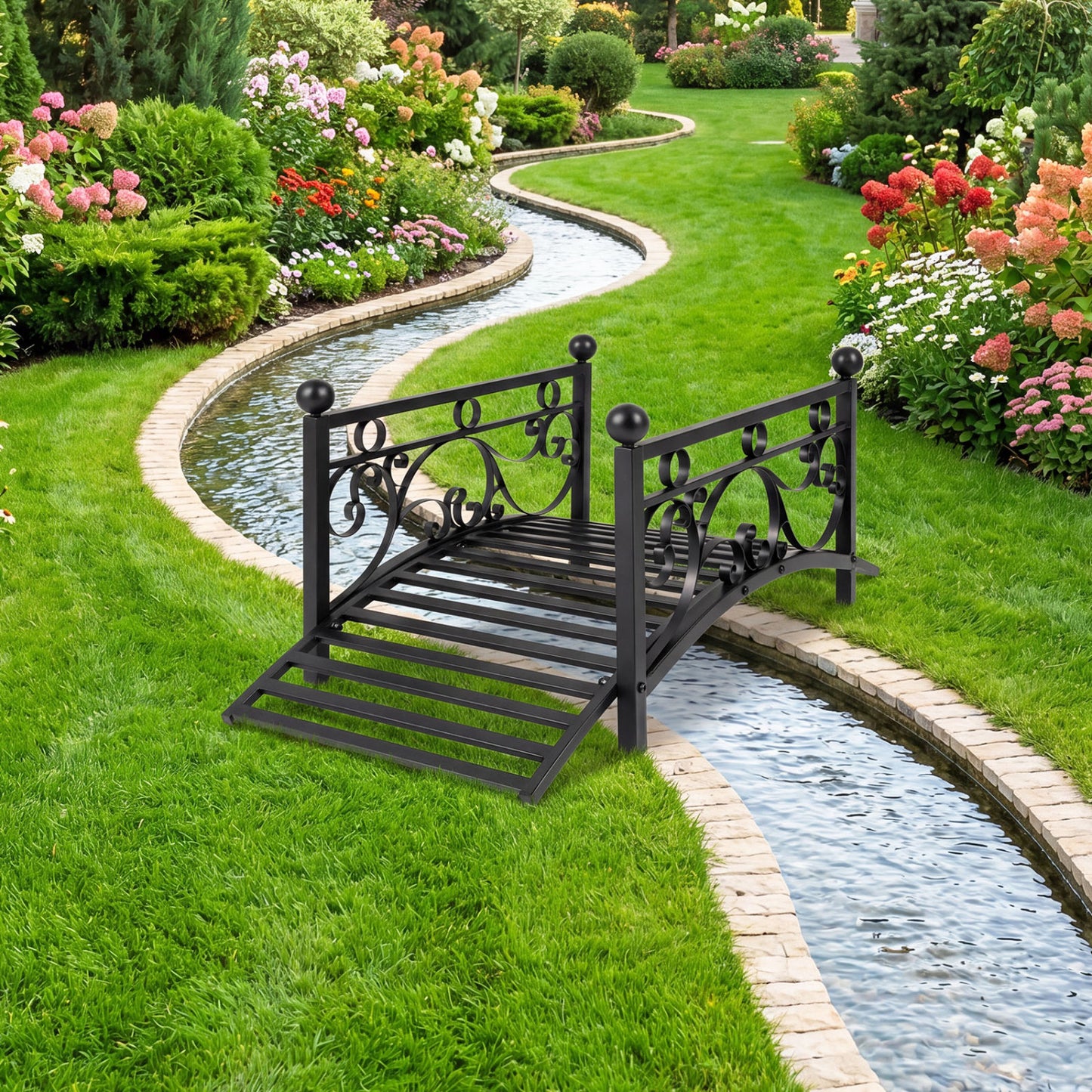 3.3 Ft Garden Metal Bridge, Dual Patterned Side Rails, Black Outdoor Decor at Gallery Canada