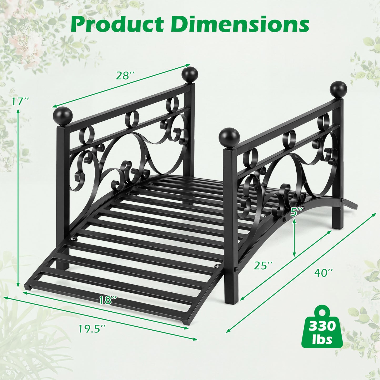 3.3 Ft Garden Metal Bridge, Dual Patterned Side Rails, Black Outdoor Decor at Gallery Canada