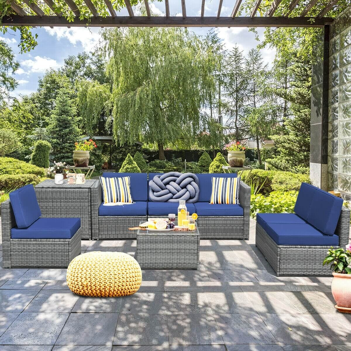 8 Piece Wicker Rattan Sofa Dining Set, With Storage Table, Navy Outdoor Sectionals at Gallery Canada