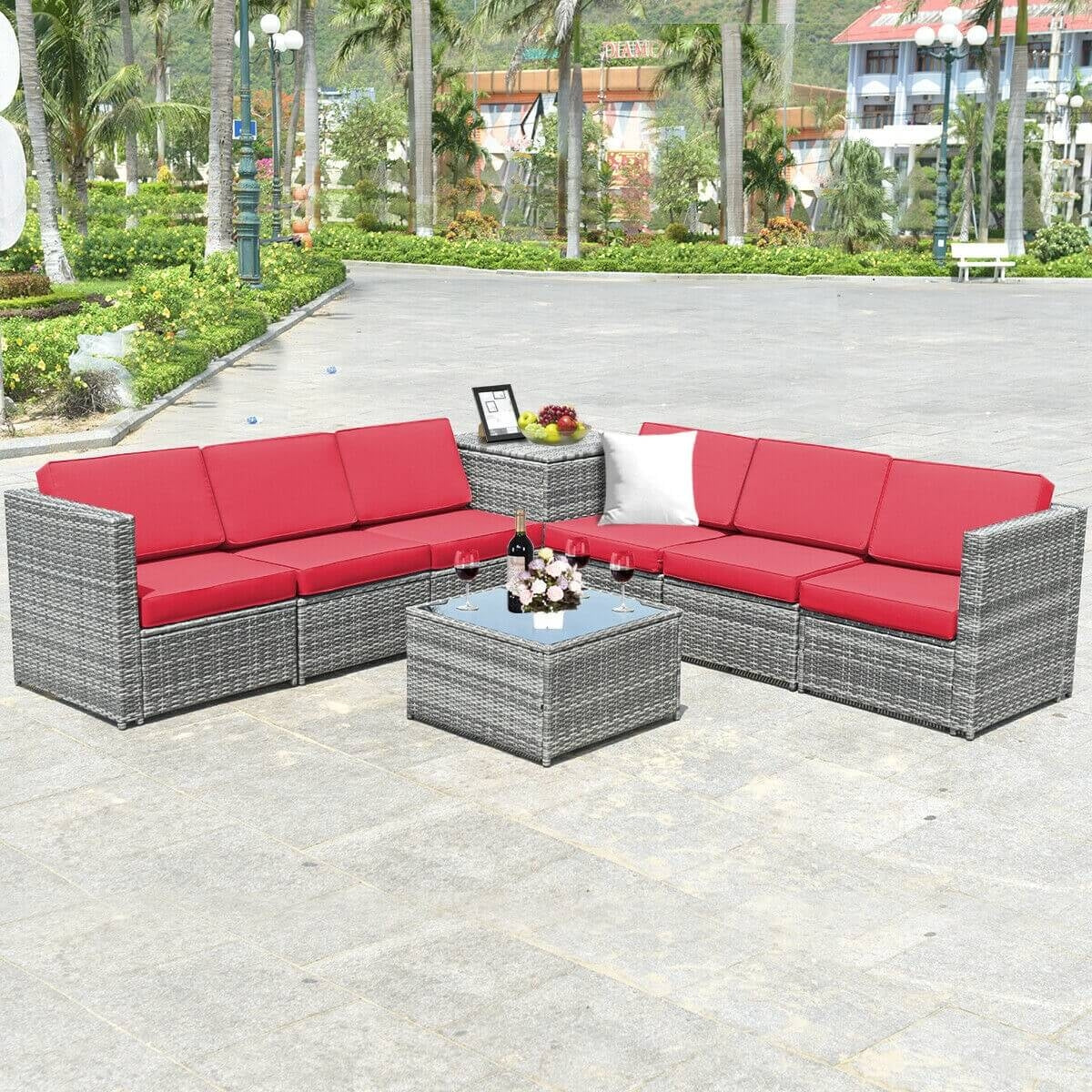 8 Piece Wicker Sofa Rattan Dinning Set Patio Furniture with Storage Table, Red Outdoor Sectionals at Gallery Canada