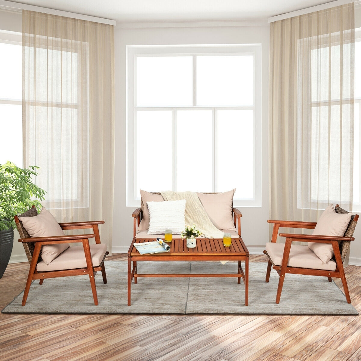 4 Pieces Acacia Wood Patio Rattan Furniture Set, Brown Patio Conversation Sets at Gallery Canada