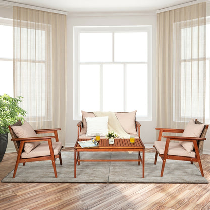 4 Pieces Acacia Wood Patio Rattan Furniture Set, Brown Patio Conversation Sets at Gallery Canada