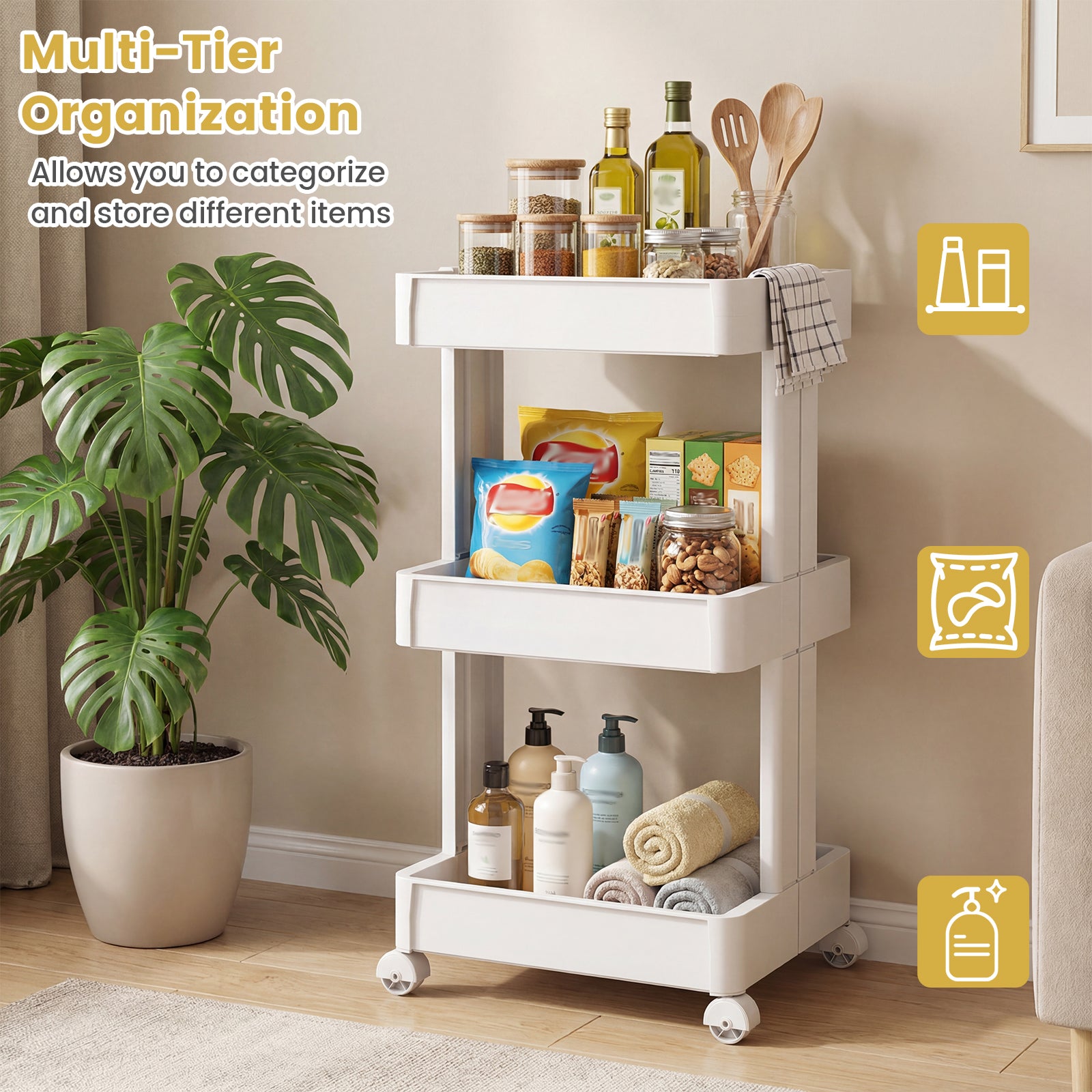 3/4-Tier Rolling Utility Cart with Detachable Trays and Smooth Wheels-3-Tier Kitchen Islands & Carts at Gallery Canada