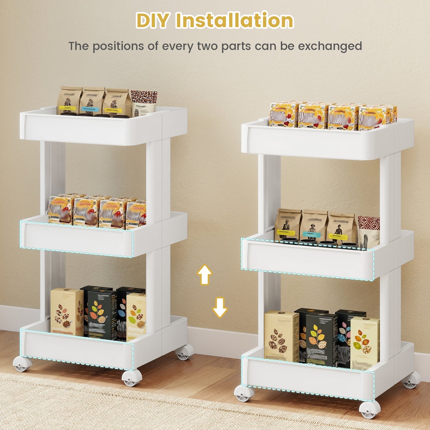 3/4-Tier Rolling Utility Cart with Detachable Trays and Smooth Wheels-3-Tier Kitchen Islands & Carts at Gallery Canada