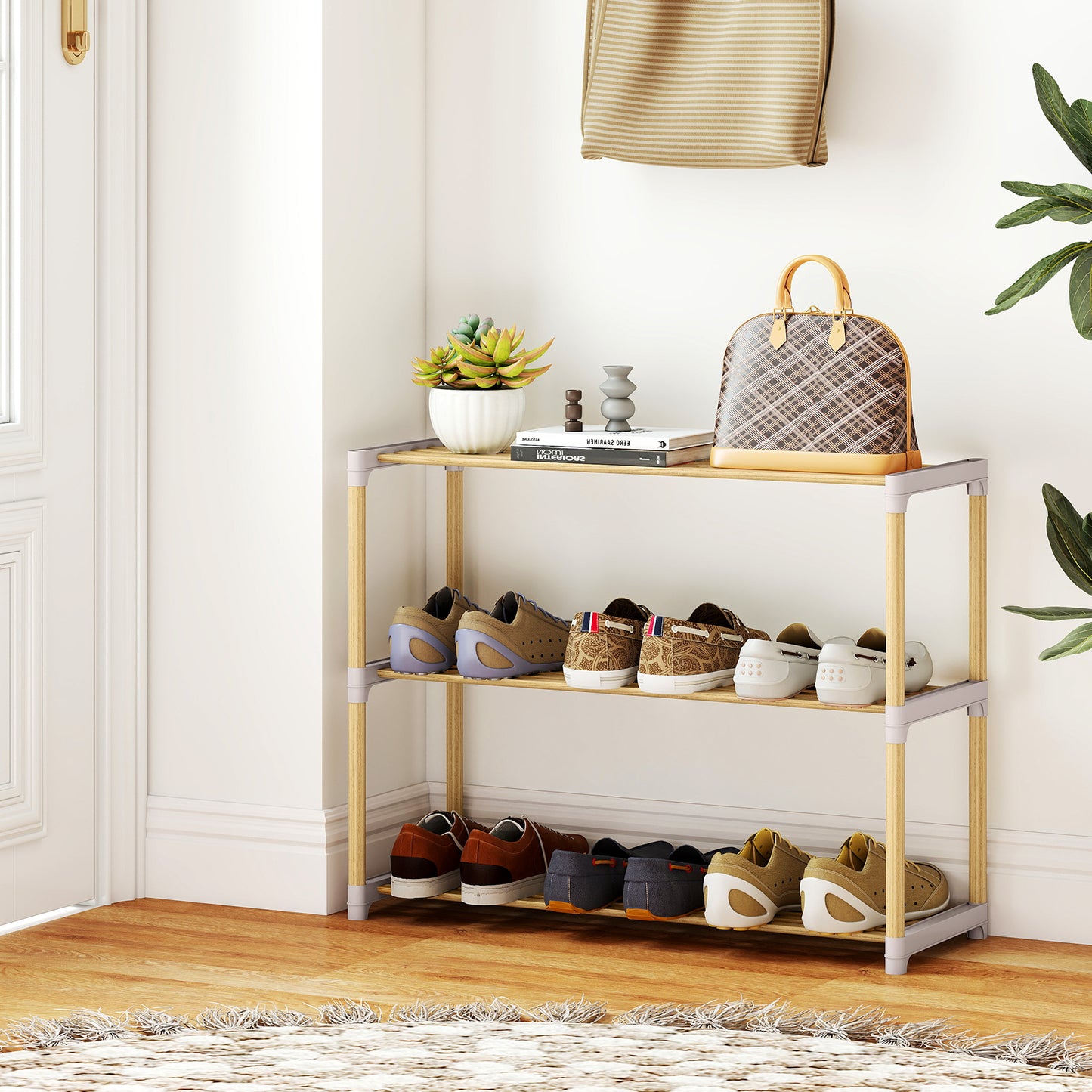 3/4-Tier Solid Wood Shoe Rack with Slatted Open Shelves-3-Tier, Natural