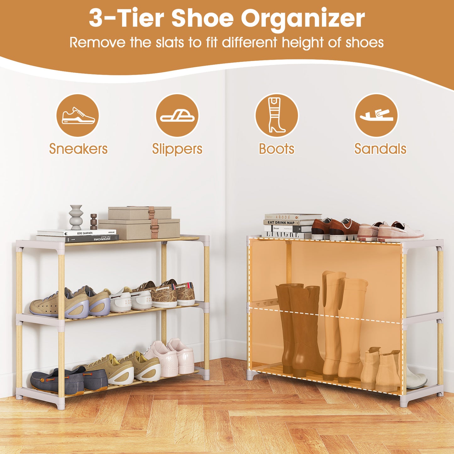 3/4-Tier Solid Wood Shoe Rack with Slatted Open Shelves-3-Tier, Natural