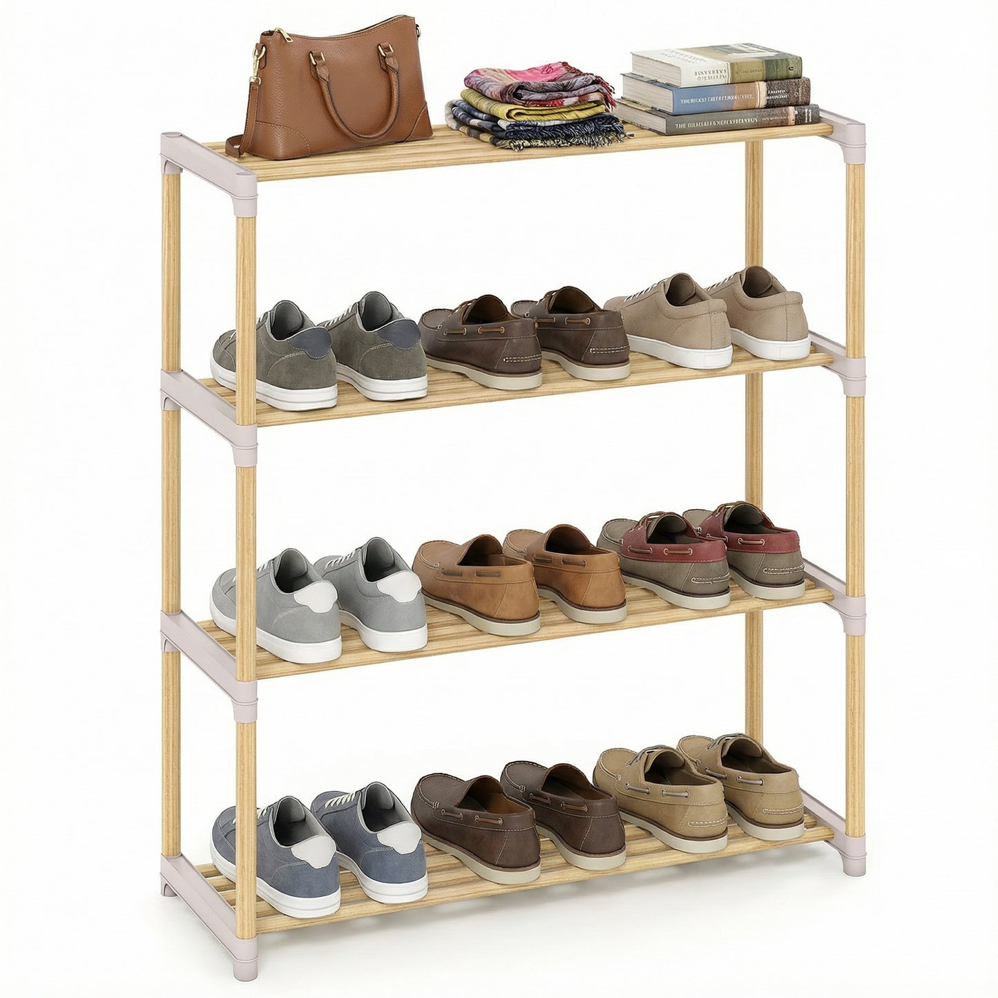 3/4-Tier Solid Wood Shoe Rack with Slatted Open Shelves-4-Tier, Natural