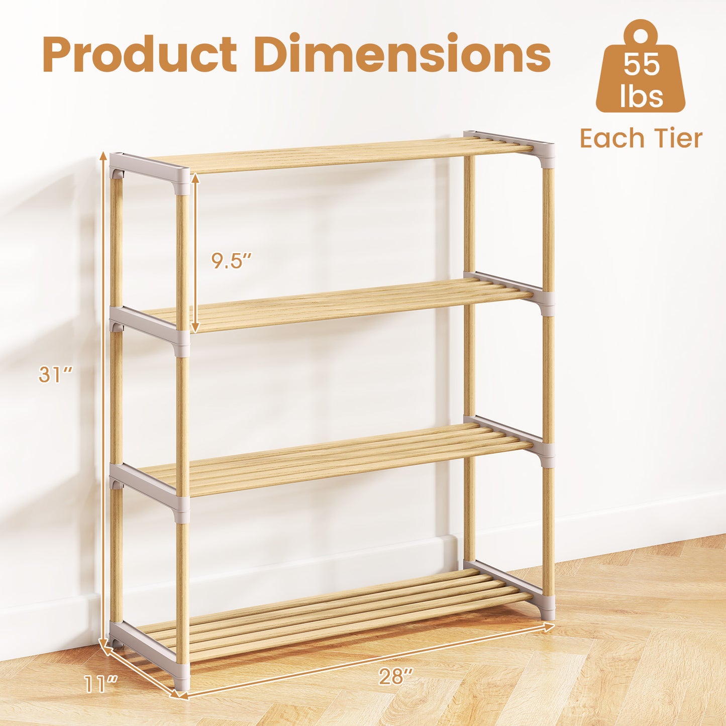 3/4-Tier Solid Wood Shoe Rack with Slatted Open Shelves-4-Tier, Natural