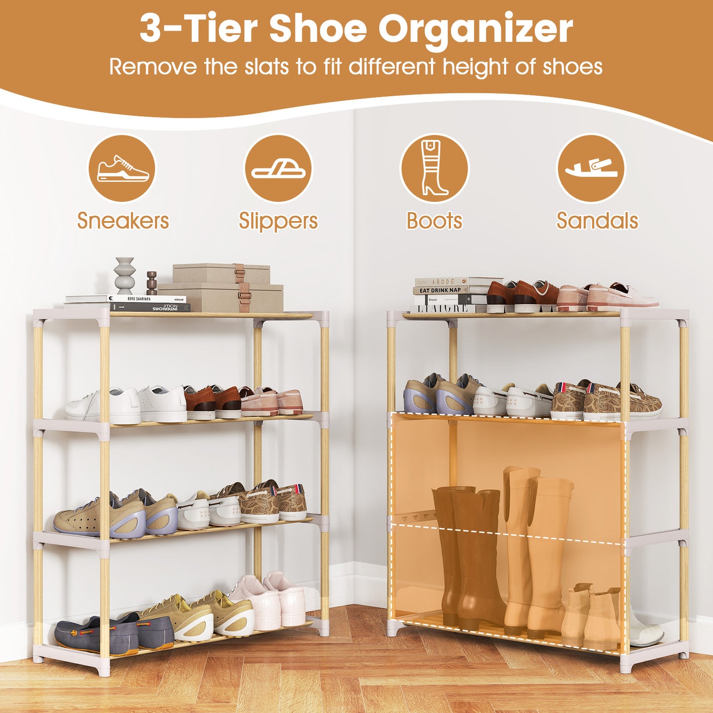 3/4-Tier Solid Wood Shoe Rack with Slatted Open Shelves-4-Tier, Natural