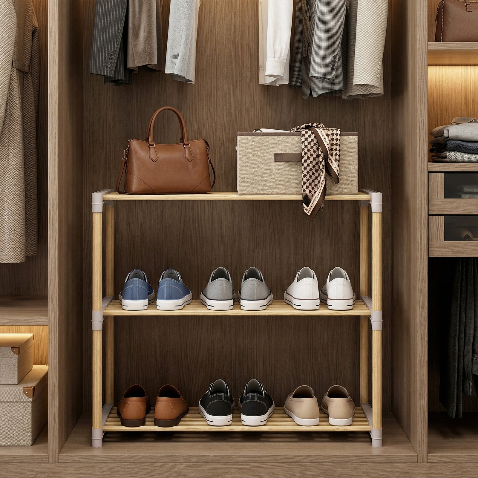 3/4-Tier Solid Wood Shoe Rack with Slatted Open Shelves-3-Tier, Natural Shoe Racks & Storage Benches at Gallery Canada