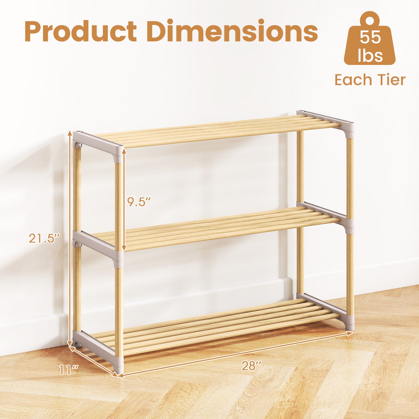3/4-Tier Solid Wood Shoe Rack with Slatted Open Shelves-3-Tier, Natural Shoe Racks & Storage Benches at Gallery Canada