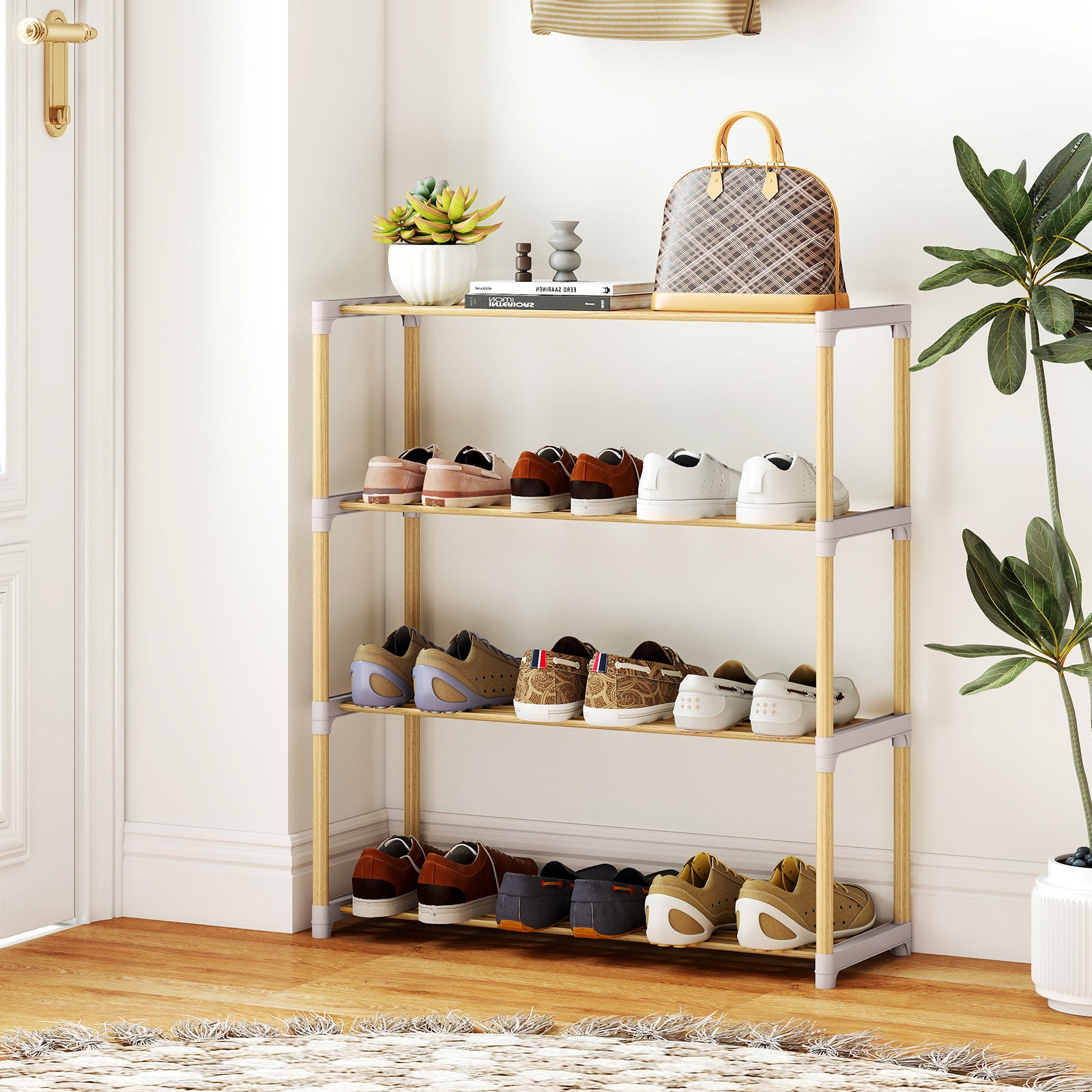 3/4-Tier Solid Wood Shoe Rack with Slatted Open Shelves-4-Tier, Natural Shoe Racks & Storage Benches at Gallery Canada