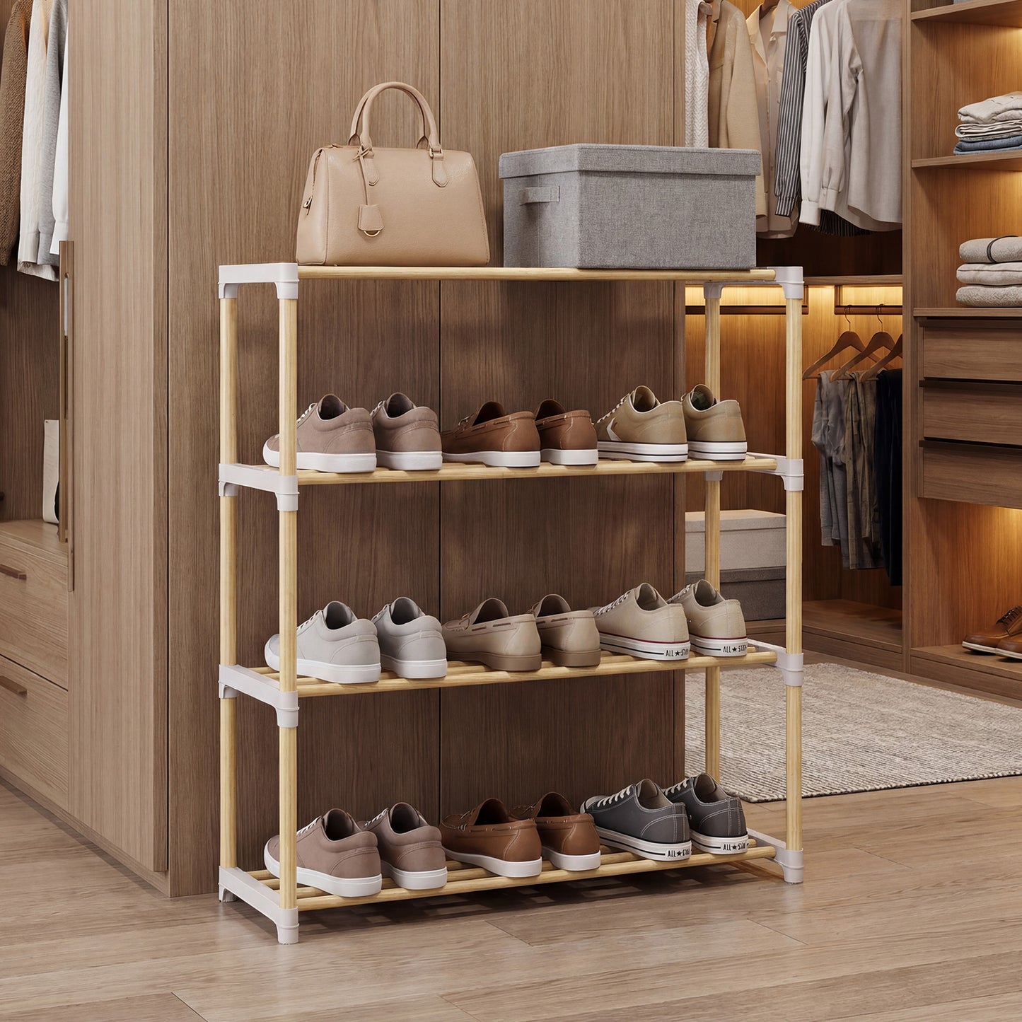 3/4-Tier Solid Wood Shoe Rack with Slatted Open Shelves-4-Tier, Natural Shoe Racks & Storage Benches at Gallery Canada