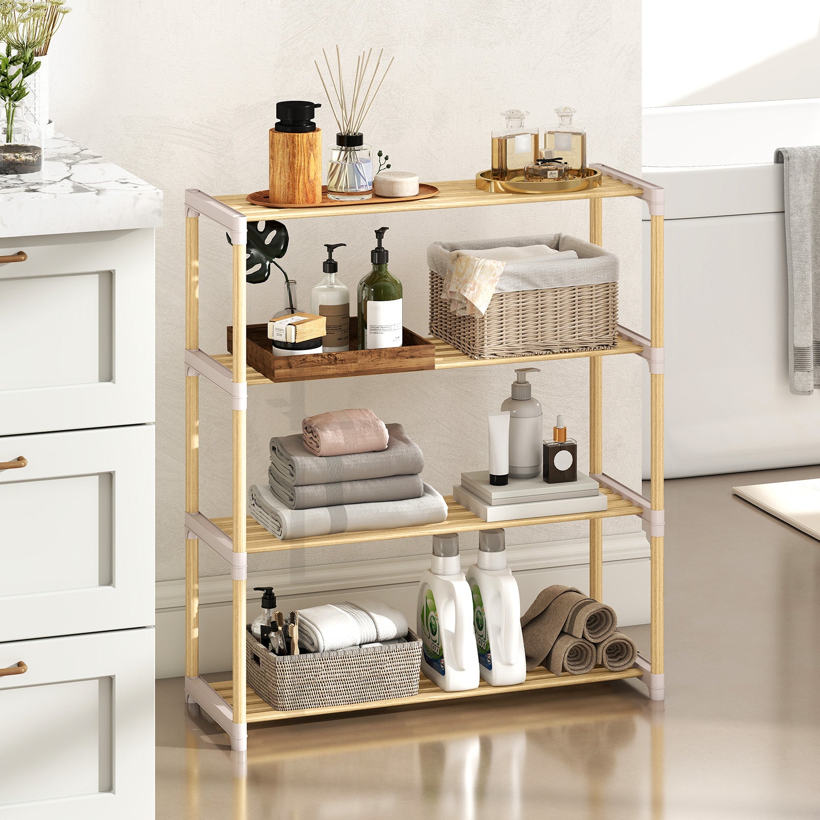 3/4-Tier Solid Wood Shoe Rack with Slatted Open Shelves-4-Tier, Natural Shoe Racks & Storage Benches at Gallery Canada