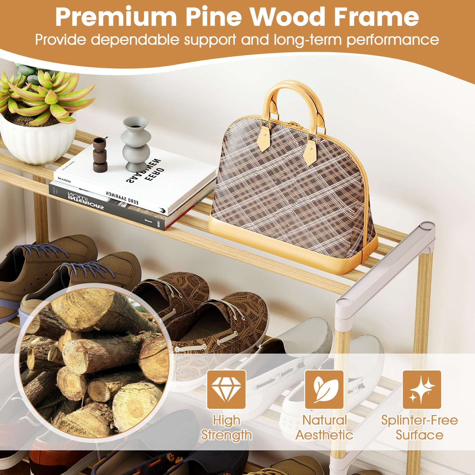 3/4-Tier Solid Wood Shoe Rack with Slatted Open Shelves-4-Tier, Natural Shoe Racks & Storage Benches at Gallery Canada