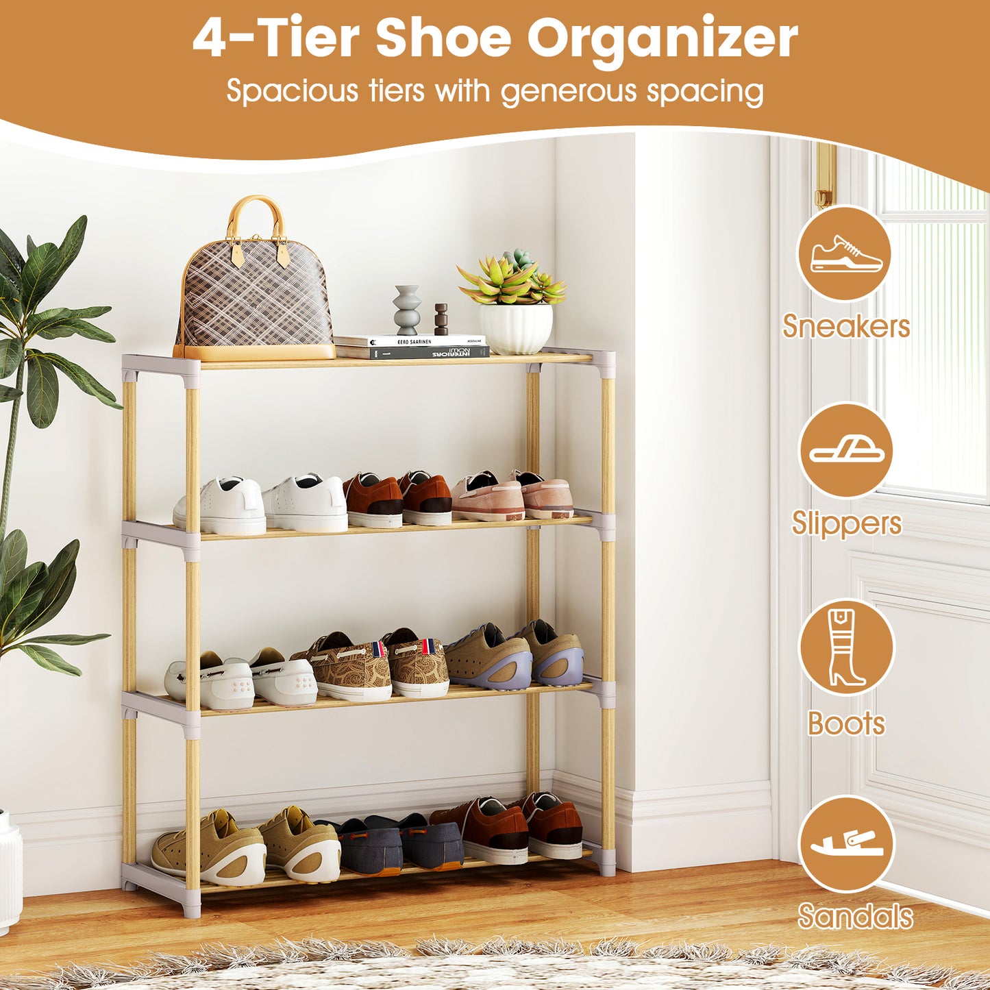 3/4-Tier Solid Wood Shoe Rack with Slatted Open Shelves-4-Tier, Natural Shoe Racks & Storage Benches at Gallery Canada