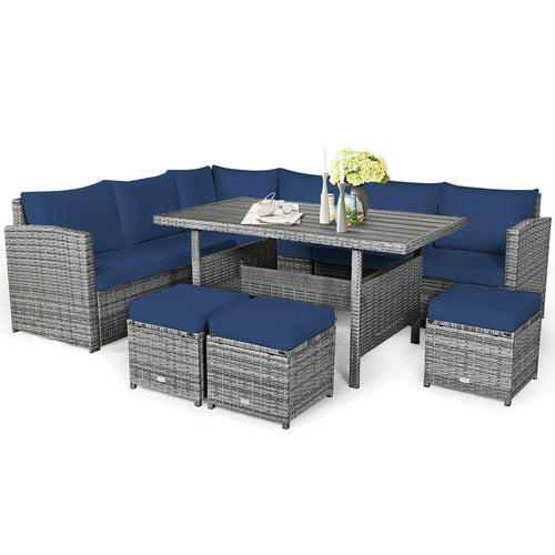 7 Piece Patio Rattan Dining Set, Sectional Sofa With Ottoman, Navy