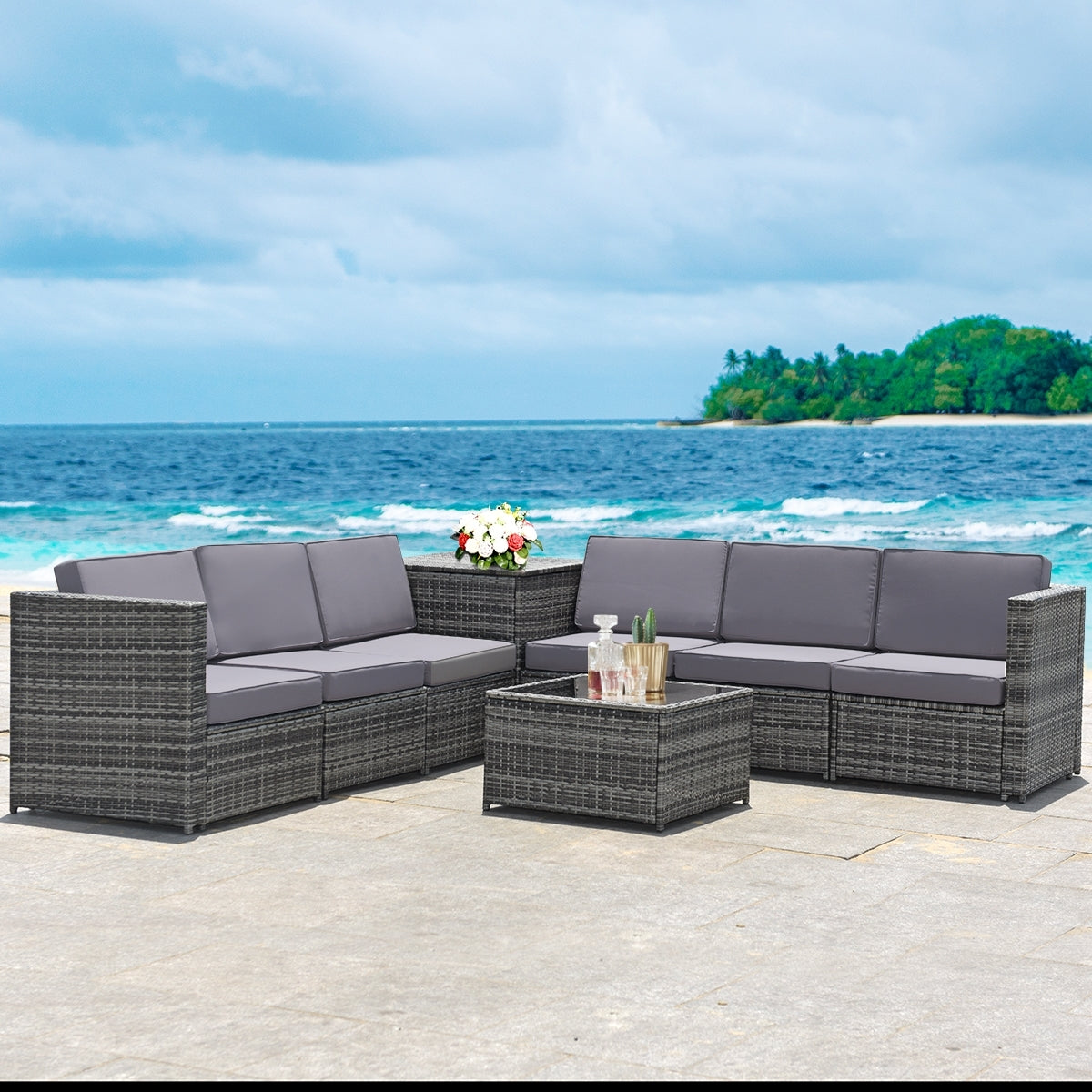 8 Pieces Wicker Rattan Dining Set, With Storage Table, Gray Outdoor Sectionals at Gallery Canada