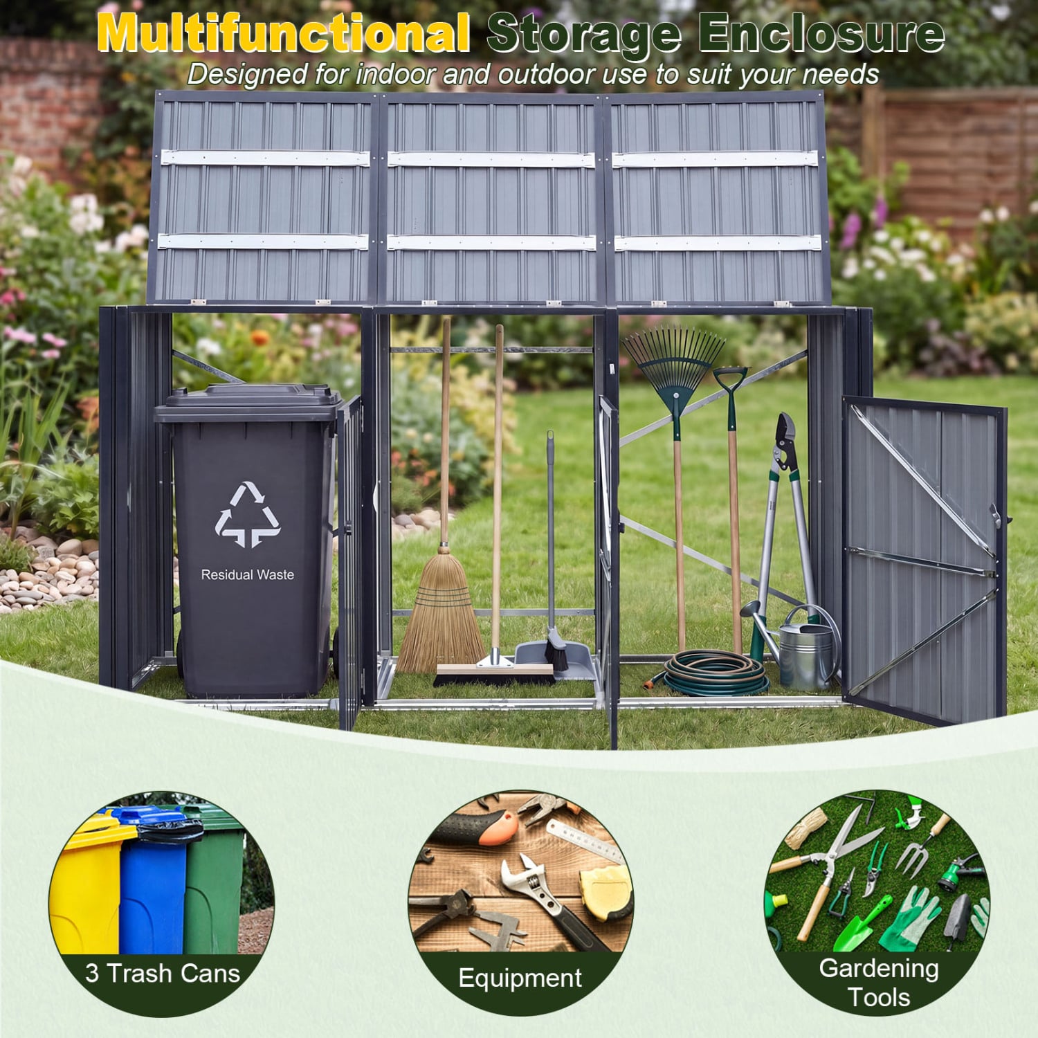 3-Bin Metal Trash Can Shed with Flip-Up Lids, Dark Gray Sheds & Outdoor Storage at Gallery Canada