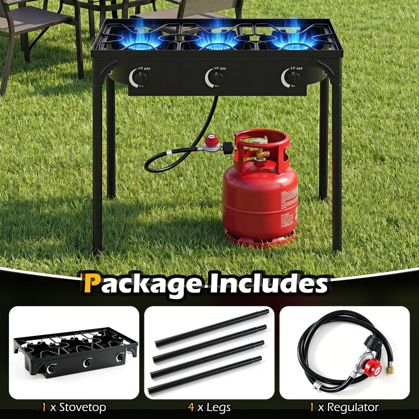 3 Burner Propane Stove, 240000 BTU, Black