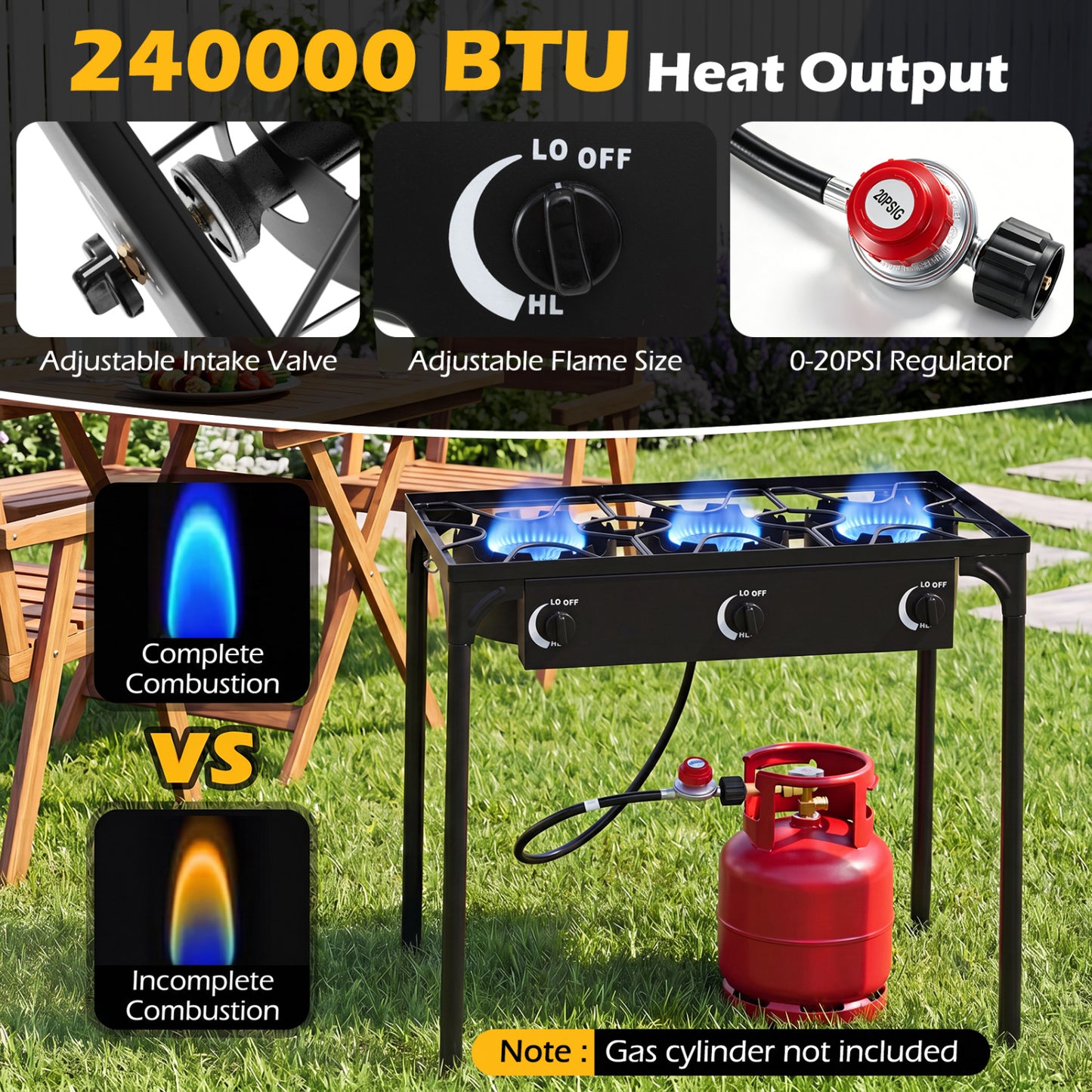 3 Burner Propane Stove, 240000 BTU, Black