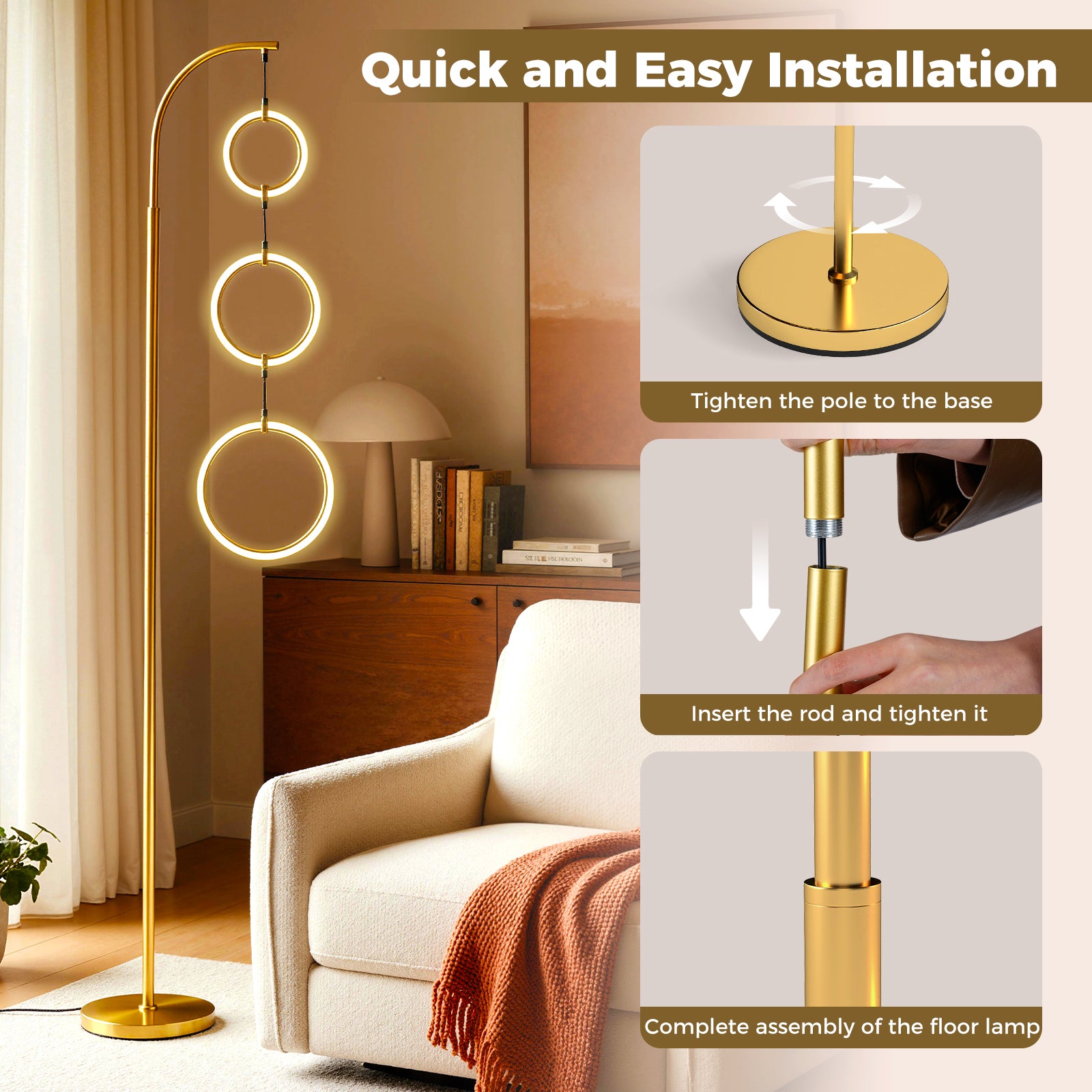 3-Circle Dimmable LED Floor Lamp, 3 Color Temperatures, Golden Table & Floor Lamps at Gallery Canada