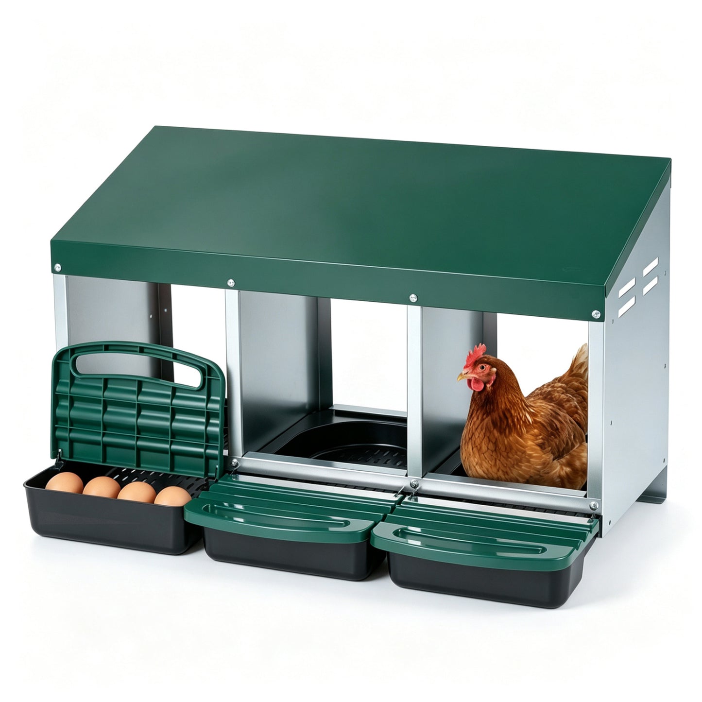 3-Compartment Roll Away Metal Chicken Nesting Box, Green